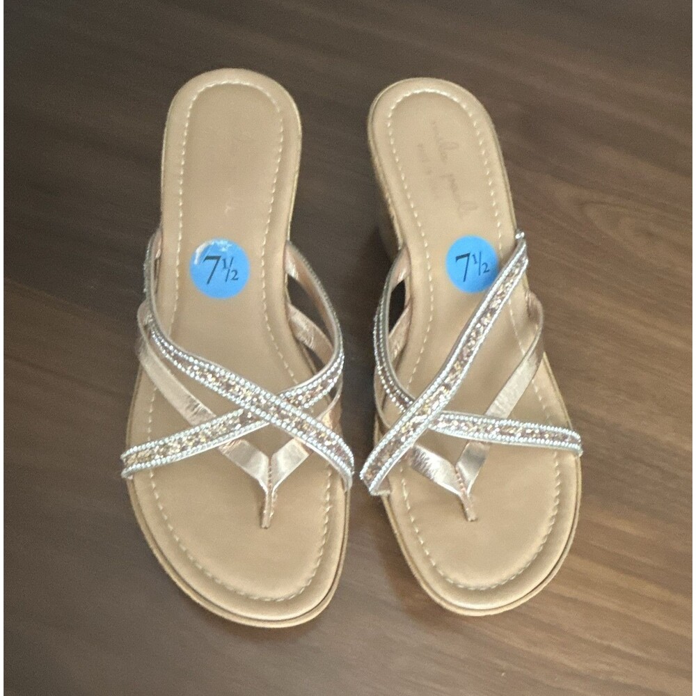 Mila Paoli Made in Italy Leather Rhinestone Thong Wedge Sandals Gold 7.5